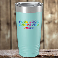 A custom Kodiak Coolers turquoise tumbler with your business logo printed on it.