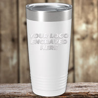 A Kodiak Coolers custom engraved white stainless steel tumbler with "Your Logo Engraved Here" sits on wood, featuring a laser logo. No setup fee! $250 minimum order for Presidents Day using the drinkware's special sale price.