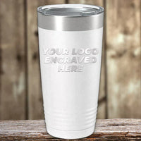 The Kodiak Coolers Set of 6 Custom Laser Engraved 20 oz Tumblers features a white matte stainless steel finish with "YOUR LOGO ENGRAVED HERE" on the front, displayed on wood. Low volume order, no setup fees, free shipping!.