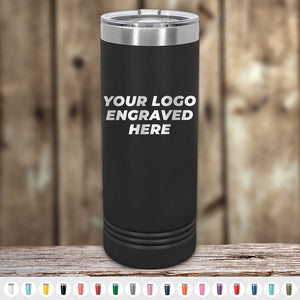 Custom Skinny Tumblers 22 oz with your Logo or Design Engraved by Kodiak Coolers, perfect as engraved drinkware promotional materials, displayed on wooden surface.