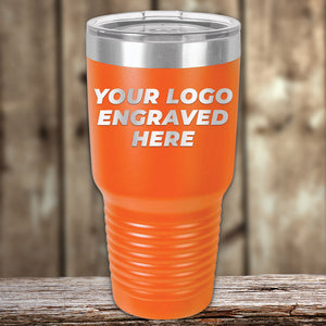 An ADD Custom Tumblers 30 oz orange tumbler with your custom business logo engraved here by Kodiak Coolers.