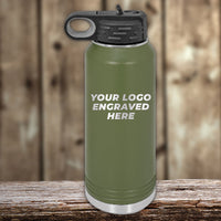 A green water bottle on wood highlights a laser-engraved logo, saying "Your Logo Engraved Here" in white. Blurred planks set the backdrop, ideal for businesses wanting custom tumblers. Kodiak Coolers offers this no-setup-fee, single-side engrave deal with a $250 minimum order during Presidents Day Sale.