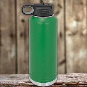 Custom Water Bottles 40 oz with your Logo or Design Engraved - Special New Years Sale Bulk Pricing - LIMITED TIME by Kodiak Coolers on a wooden surface with a blurred background.