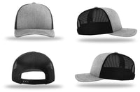 The Richardson 112 Snapback Trucker Cap – Custom Embroidered Hat is shown in gray and black from multiple angles. This cotton/polyester Richardson cap features a mesh back and adjustable snap closure for comfort.