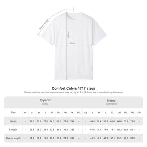 The BODE Summer Camp T-Shirt 2026 "Throwback Sunset" by Printify is a white, garment-dyed unisex Comfort Colors 1717 tee with labeled width and length; size chart shows chest, body, and sleeve measurements in inches and centimeters.
