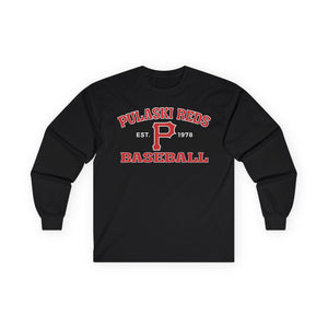 The Printify P Reds Baseball Est. 1978 Unisex Ultra Cotton Long Sleeve Tee features "Pulaski Reds Baseball," "Est. 1978," and a bold red-and-white "P" on the front—a classic shirt perfect for fans seeking vintage style.