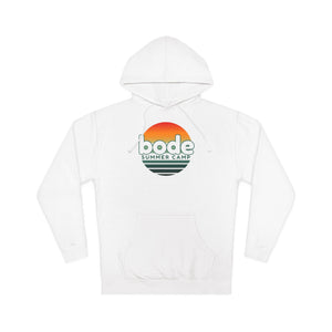 The Printify 2026 Bode Summer Bootcamp — Cali Sunset Hoodie Sweatshirt (SS4500) is a white cotton-poly fleece with front pocket, adjustable hood, and "bode SUMMER CAMP" logo plus sunset graphic on the chest in classic style.