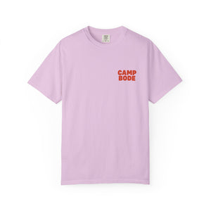 The BODE Summer Camp T-Shirt 2026 "Throwback Sunset" by Printify is a unisex light purple Comfort Colors tee featuring bold red "CAMP BODE" text on the left chest—perfect for summer camp style.