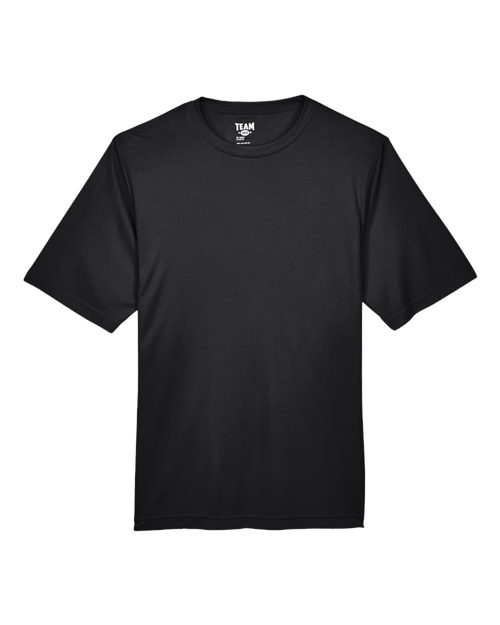 Team 365 TT11 by designerapp for Yalla FC / Hollywood Soccer School LLC, a plain black short-sleeve crewneck t-shirt laid flat on a white background, featuring a polyester team-fit design with moisture-wicking properties and UPF 40+ sun protection.
