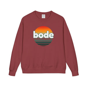 The Printify 2026 Bode Summer Bootcamp Crewneck Sweatshirt GDH400 is a maroon vintage-washed pullover with a retro sunset graphic and "bode summer camp" text on the front.