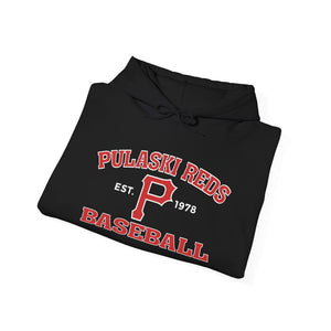 The Printify P Reds Baseball Est. 1978 - Unisex Heavy Blend™ Hooded Sweatshirt features bold red and white "P" lettering and "Pulaski Reds Baseball Est. 1978" on the front—perfect for any fan or player of the Pulaski Reds.
