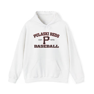 The P Reds Baseball Est. 1978 - Unisex Heavy Blend™ Hooded Sweatshirt from Printify features red and black "Pulaski Reds Baseball," "EST. 1978," and a bold "P" graphic—a vintage-look hoodie perfect for fans of customizable team gear.