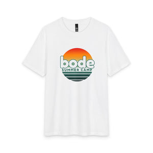 The Printify 2026 Bode Summer Bootcamp - Cali Sunset T-Shirt - DM130 Tri Blend is a white tee with a retro sunset and bold "bode SUMMER CAMP" graphic, made from lightweight, soft, and breathable fabric.