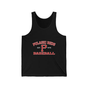 The Printify P Reds Baseball Est. 1978 - Unisex Jersey Tank features breathable cotton with red and white "Pulaski Reds Baseball Est. 1978" text and a bold "P" at the center.