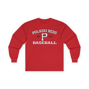 The Printify P Reds Baseball Est. 1978 Unisex Ultra Cotton Long Sleeve Tee features a classic fit and bold "P" logo in red—an ideal vintage addition to any hometown baseball shirt collection.