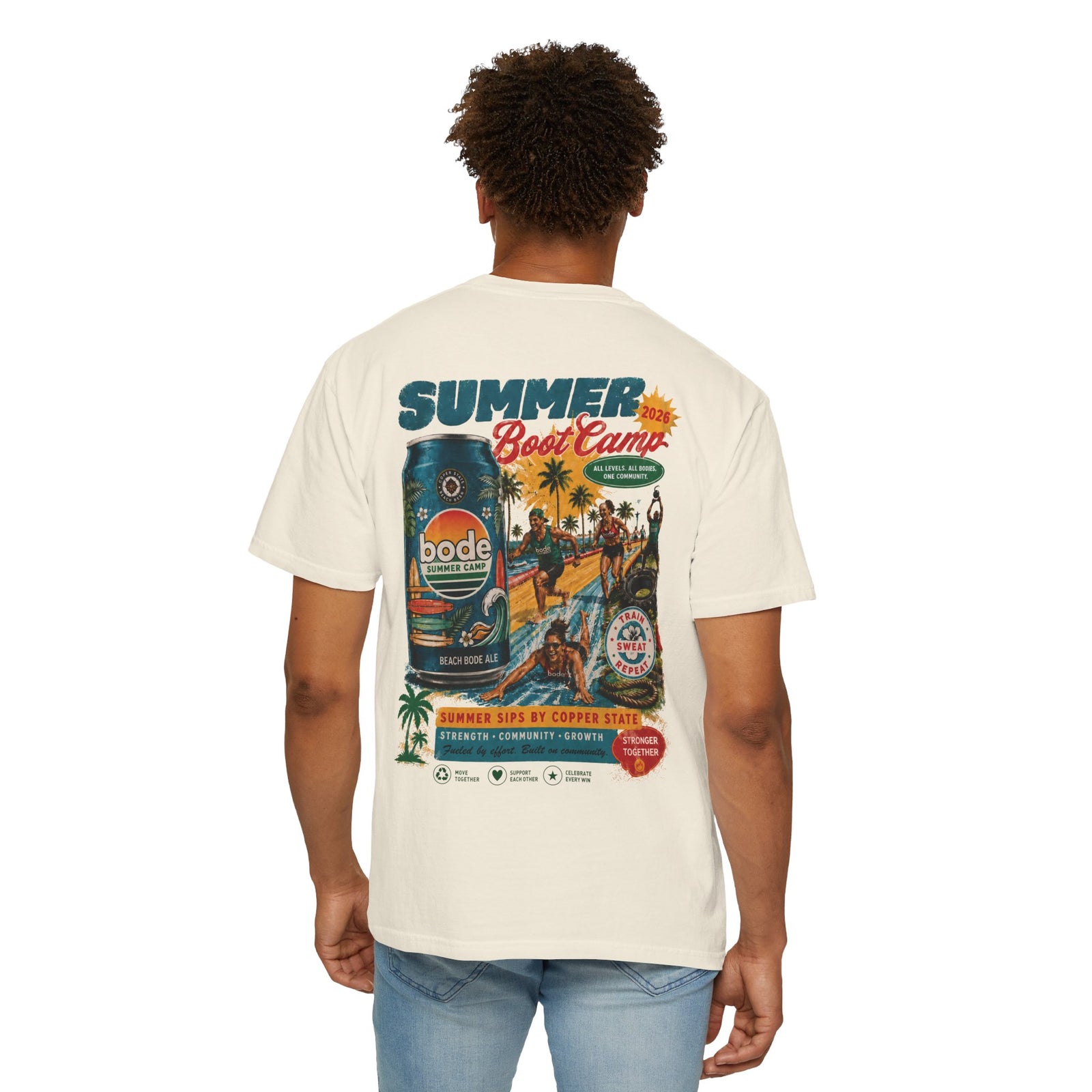 A person wears a white BODE Summer Camp T-Shirt 2026 by Printify, a unisex Comfort Colors 1717 tee with a vintage "Summer Boot Camp" graphic and beverage ad on the back, set against a plain background.