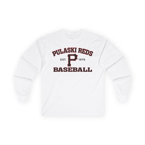 The Printify P Reds Baseball Est. 1978 Unisex Ultra Cotton Long Sleeve Tee features a classic fit and bold front graphics—a perfect vintage-style shirt for Pulaski baseball fans and locals.