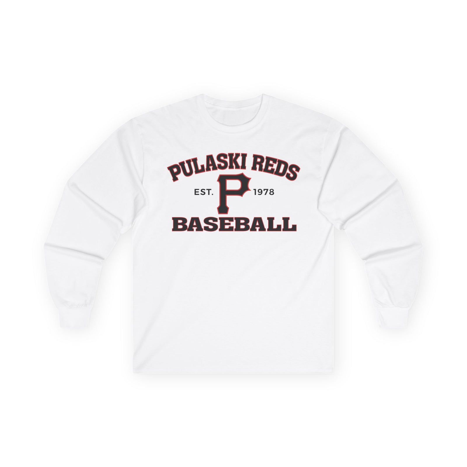 The Printify P Reds Baseball Est. 1978 Unisex Ultra Cotton Long Sleeve Tee features a classic fit and bold front graphics—a perfect vintage-style shirt for Pulaski baseball fans and locals.