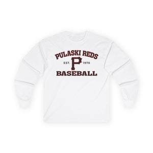 The Printify P Reds Baseball Est. 1978 Unisex Ultra Cotton Long Sleeve Tee features a classic fit and bold front graphics—a perfect vintage-style shirt for Pulaski baseball fans and locals.