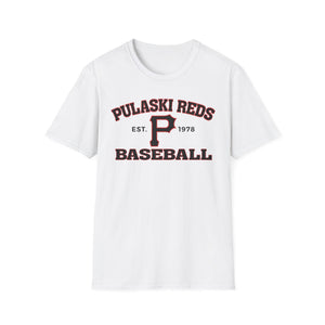 Represent your hometown with the Printify P Reds Baseball Est. 1978 - Unisex Softstyle T-Shirt Volume, featuring bold red and black details and vintage style—ideal for fans who love showing team spirit and Pulaski pride.