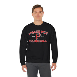 A man faces the camera wearing a Printify P Reds Baseball Est. 1978 Unisex Heavy Blend™ Crewneck Sweatshirt, featuring the vintage graphic on the front.