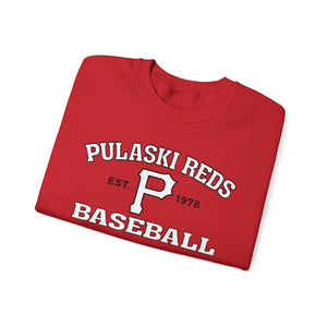The P Reds Baseball Est. 1978 - Unisex Heavy Blend™ Crewneck Sweatshirt from Printify is a vintage-inspired pullover with "Pulaski Reds Baseball Est. 1978" and a bold "P" in white on the front, made from a soft cotton blend.