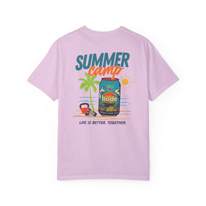 The BODE Summer Camp T-Shirt 2026 by Printify features a light purple heavyweight cotton with a beach scene graphic, palm tree, sun, and “Life's Better Together.” Unisex Comfort Colors 1717; durable double-needle stitching.