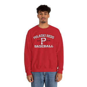 A young man stands against a plain white background, wearing blue jeans and a Printify "P Reds Baseball Est. 1978 - Unisex Heavy Blend™ Crewneck Sweatshirt Volume.