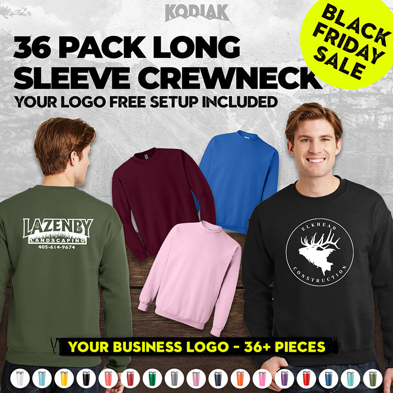 Black Friday deal: 36-pack of Gildan Heavy Blend Crewneck Sweatshirt 18000 with your custom screen printed logo included. Assorted colors, modeled by two men in printed sweatshirts. Brand: Gildan.