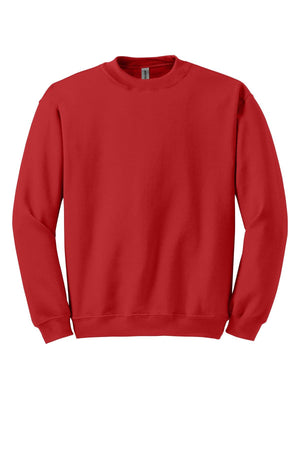 The Gildan Heavy Blend Crewneck Sweatshirt 18000 by Gildan comes in red and features long sleeves with ribbed cuffs, made from a comfortable 50/50 cotton polyester blend.