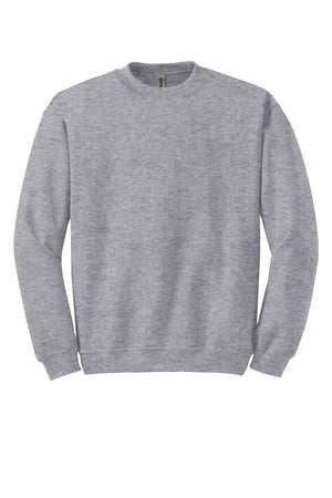 The Gildan Heavy Blend Crewneck Sweatshirt 18000, by Gildan, is displayed on a white background and crafted from a 50/50 cotton polyester blend for ultimate comfort in gray.