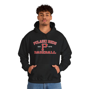 A young man wears a Printify P Reds Baseball Est. 1978 Unisex Hooded Sweatshirt—a black vintage pullover with "Est. 1978" and a bold red "P" logo on the front.
