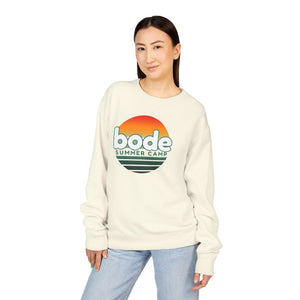 A person wears the Printify 2026 Bode Summer Bootcamp Crewneck Sweatshirt GDH400 with blue jeans, standing against a plain white background.
