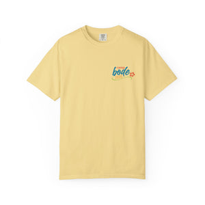 Light yellow BODE Summer Camp T-Shirt 2026 by Printify, unisex Comfort Colors 1717, featuring “Life’s Better Together” and a small hibiscus flower graphic on the left chest.