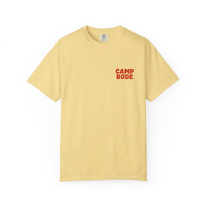 The BODE Summer Camp T-Shirt 2026 "Throwback Sunset" by Printify is a light yellow, garment-dyed unisex tee with "CAMP BODE" in red on the upper left chest, made from Comfort Colors 1717 fabric.