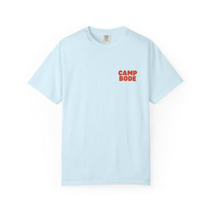The BODE Summer Camp T-Shirt 2026, by Printify, is a light blue heavyweight Comfort Colors 1717 tee featuring "CAMP BODE" in bold red on the upper left chest.