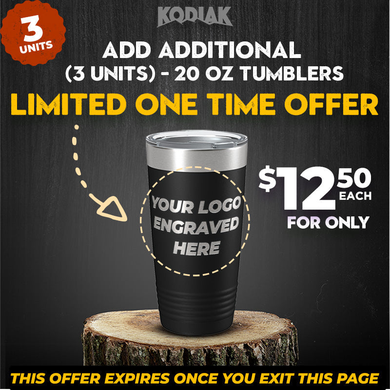 Get your SPECIAL OFFER - 20 oz Tumblers w Logo from Kodiak Coolers! For just $12.50 each, these tumblers are the perfect promotional gift. Don't miss out on this limited-time offer: add an extra 3 units before you exit the page!