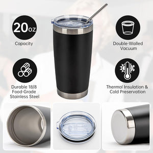 The Kodiak Coolers NEW BLACK PRODUCTS! Custom Engraved 20oz stainless steel tumbler features a clear lid, metal straw, double-walled vacuum insulation, and includes your logo on one side—no setup fee. Perfect for promotional gifts, shown from multiple angles.