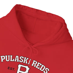 Close-up of the Printify Pulaski Reds Baseball Est. 1978 Unisex Heavy Blend™ Hooded Sweatshirt, featuring a hood, drawstring, and a vintage front graphic with partially visible "PULASKI REDS" text.
