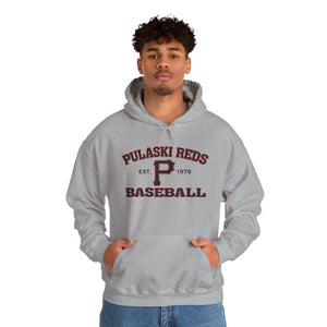 A young man stands with hands in the pocket of a Printify Pulaski Reds Baseball Est. 1978 Unisex Heavy Blend™ Hooded Sweatshirt, featuring "Pulaski Reds Baseball Est. 1978" printed on the front.