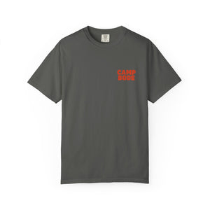 The Printify BODE Summer Camp T-Shirt 2026 — "Throwback Sunset" is a heavyweight unisex Comfort Colors 1717 tee in dark gray, featuring "CAMP BODE" printed in bold red on the upper left chest.