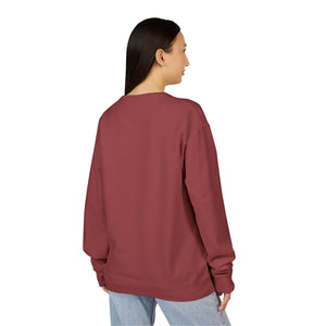 A person with straight dark hair wears a loose-fitting, long-sleeve maroon Printify 2026 Bode Summer Bootcamp Crewneck Sweatshirt (GDH400) and light blue jeans, standing with their back to the camera.