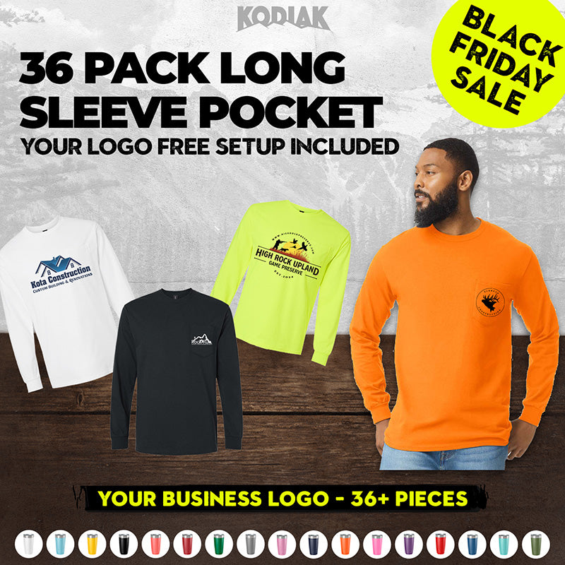 Promotional image for a 36-pack Gildan Ultra Cotton 100% Long Sleeve Pocket T-Shirts (style 2410) with custom screen-printed logo included, shown in assorted colors and highlighted by a 