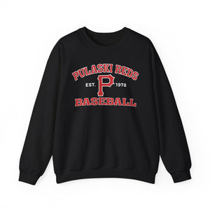 The P Reds Baseball Est. 1978 - Unisex Heavy Blend™ Crewneck Sweatshirt Volume by Printify features a bold red and white "P" front design, perfect for fans celebrating classic team style and legacy.