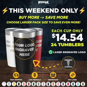 Kodiak Coolers Custom Tumblers 20 oz with your logo are displayed. This weekend, get engraved bundle packs at just $14.54 each—perfect for businesses after wholesale pricing on branded drinkware.