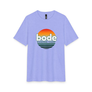 The 2026 Bode Summer Bootcamp - Cali Sunset T-Shirt by Printify is a light purple tri-blend tee with a circular sunset graphic and "bode SUMMER CAMP" printed in green and white.