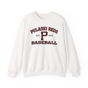 The Printify P Reds Baseball Est. 1978 Unisex Heavy Blend™ Crewneck Sweatshirt features classic Pulaski Reds style with a bold red and black "P" and vintage lettering, offering comfort and timeless appeal.