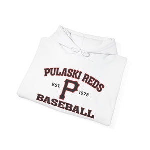 The Printify P Reds Baseball Est. 1978 Unisex Heavy Blend™ Hoodie features a bold red and black "P" and vintage lettering on the front—ideal for fans of classic baseball sweatshirts.