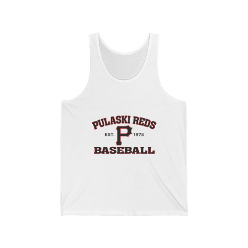 The Printify P Reds Baseball Est. 1978 - Unisex Jersey Tank Volume features a bold red and black "P" with "Est. 1978" on a white vintage-inspired design—perfect for fans seeking classic baseball style in a lightweight jersey tank.