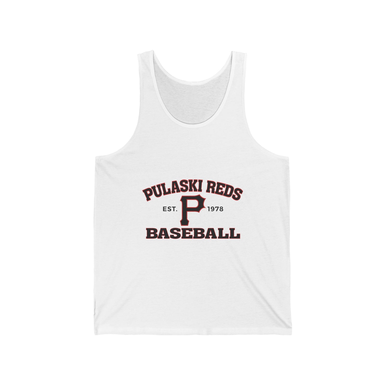 The Printify P Reds Baseball Est. 1978 - Unisex Jersey Tank Volume features a bold red and black "P" with "Est. 1978" on a white vintage-inspired design—perfect for fans seeking classic baseball style in a lightweight jersey tank.